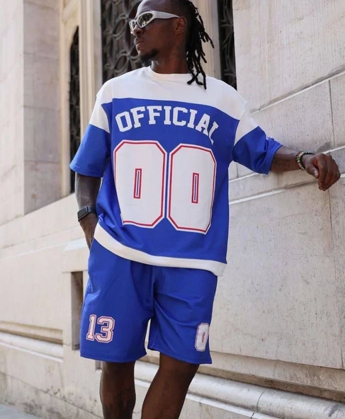 Dijital 00 Baskılı Şortlu Takım - Mavi - 3