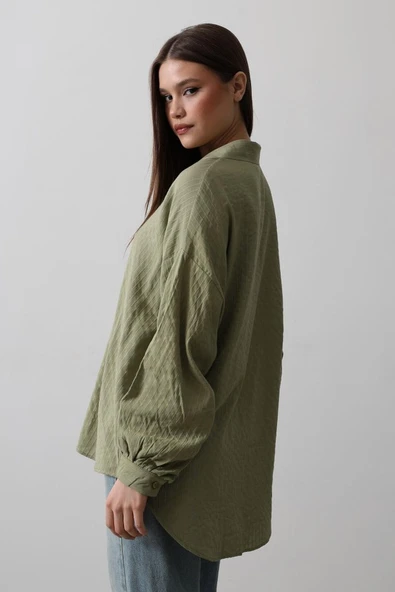 Çizgili Uzun Kol Gömlek - Haki - 2