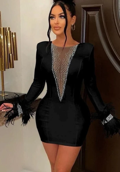 Kadın Dalgıç Kumaş Tül Ve Taş Aksesuarlı Kolları Tüylü Mini Boy Elbise - 2