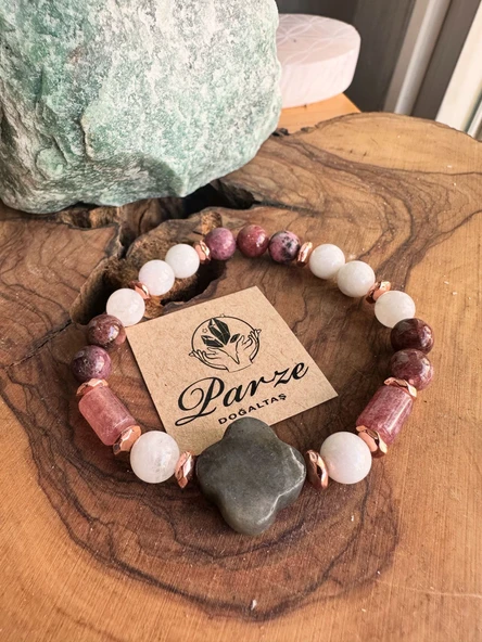 Labradorit, Rodonit, Aytaşı ve Çilek Kuvars Tasarım Bileklik