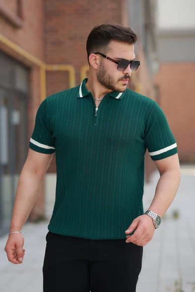 Erkek Yaka Ve Kolları çizgi Detaylı Fermuarlı Kısa Kollu T-shirt ürün görseli 1