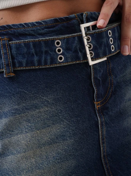 Kemer Detay Denim Mini Etek - 4