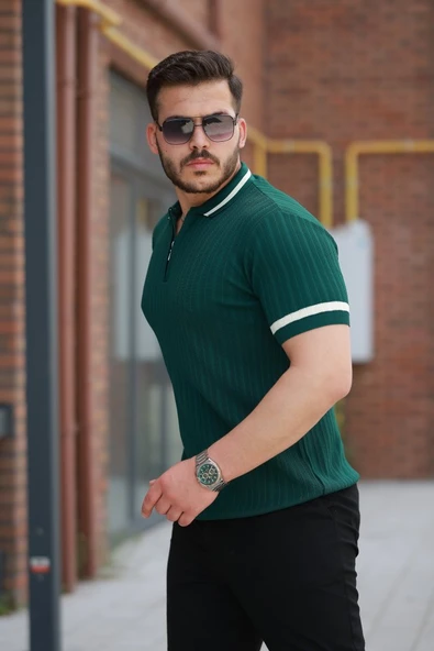 Erkek Yaka Ve Kolları çizgi Detaylı Fermuarlı Kısa Kollu T-shirt - Resim 2