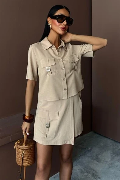 Gömlek Şort Etek Viscon Keten Takım 10162 - 2