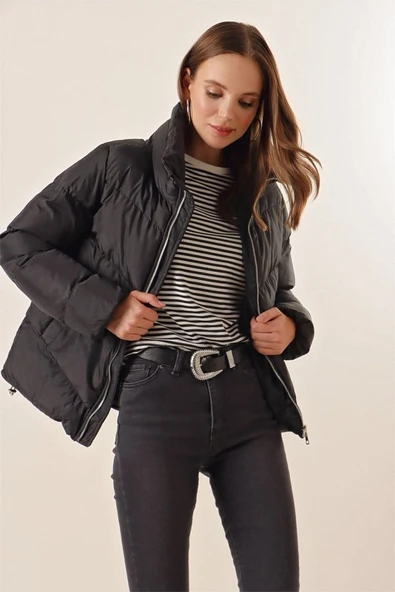 5205 Dik Yaka Fermuarlı Şişme Mont - Siyah - 4