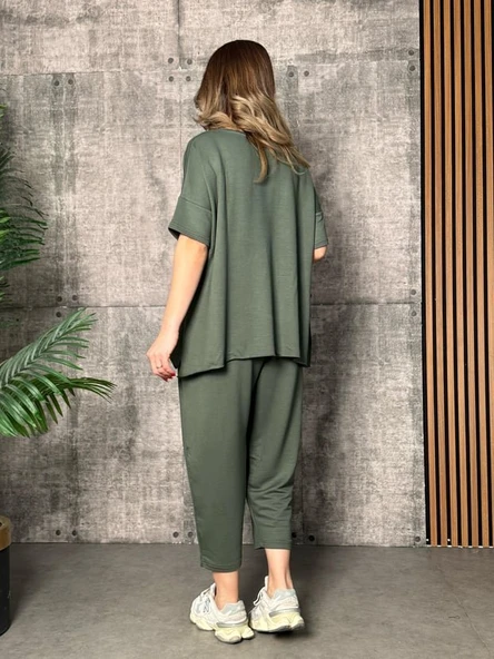 Kadın Kısa Kollu Bisiklet Yaka Viskon Iki Iplik Bluz Ve Pantolon Ikili Takım - Resim 3