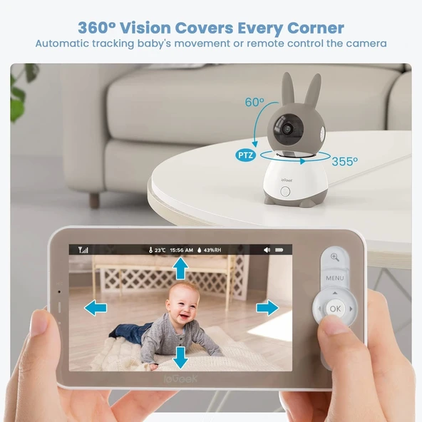 ieGeek Video Bebek Monitörü Kamerası 2K HD - 5 Inc - 2 Kamera - 4
