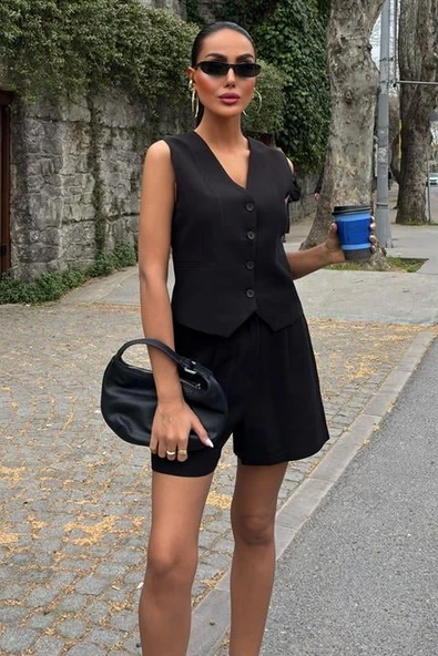 Yelek Şort Flamlı Keten Takım 10133-17 - 2