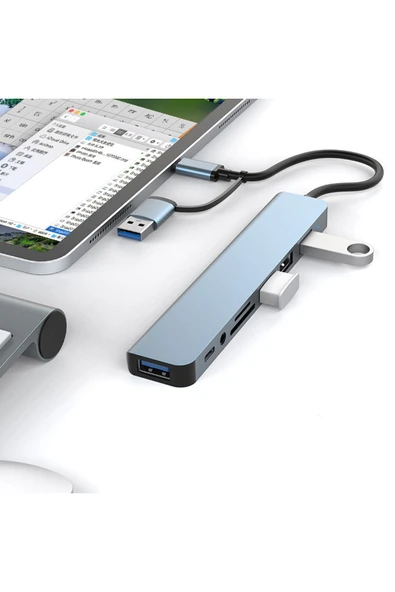 Plentiful 7 In 1 Usb ve Type-c To Usb A + Type-C Usb 3.0 Çevirici Adaptör Çok Portlu Çoklayıcı Usb Hub - 1
