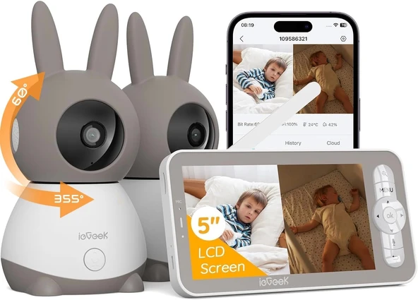 ieGeek Video Bebek Monitörü Kamerası 2K HD - 5 Inc - 2 Kamera - 1