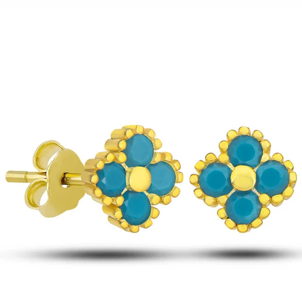 Gümüş Gold Yonca Çivili Turkuaz Taşlı Çocuk Küpe ürün görseli