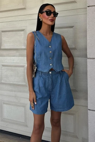 Gümüş Düğmeli Yelek Ve Şort Tensel Takım 10174 - 2