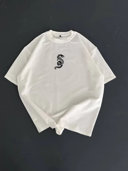 Baskılı Oversize Bisiklet Yaka T-shirt - Beyaz - 1