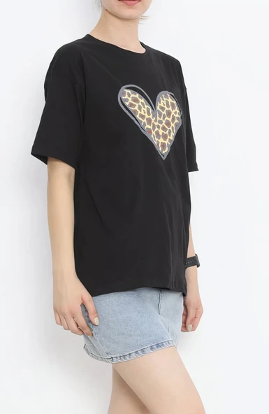 Sevgililer Günü İçin Özel Tasarım Leopar Kalp Baskılı T-shirt - Siyah - Resim 2