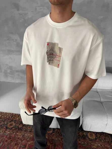 Erkek Ön Ve Arka Baskılı Oversize Bisiklet Yaka T-shirt - Beyaz ürün görseli 1