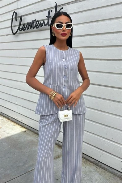 Çizgili Viscon Keten Yelekli Rahat Takım 10121 - 2