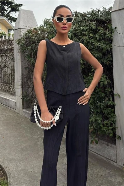 Sıfır Kollu Bluz Batik Desenli Pantolon İkili Takım 10181-08 - Resim 2