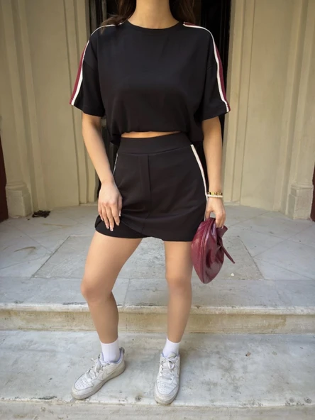 Osy Modal Yumuşak Dokulu Kumaş Parçalı Bisiklet Yaka T-shirt Mini Şortlu Etek İkili Takım - Siyah - 4