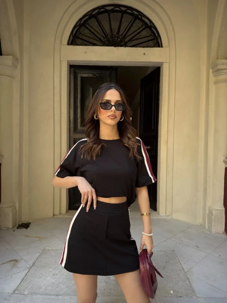 Osy Modal Yumuşak Dokulu Kumaş Parçalı Bisiklet Yaka T-shirt Mini Şortlu Etek İkili Takım - Siyah