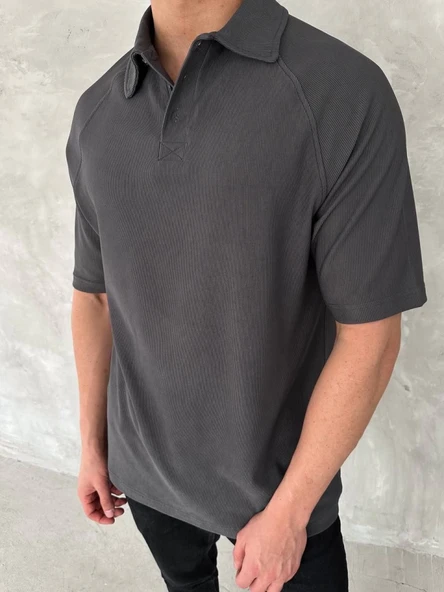 Yakalı Patlı Kısa Kol T-shirt - Antrasit - Resim 3