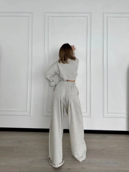 Uzun Kollu Önü İp Büzgülü  Crop Ve Pantolon İkili Takım - Gri - 3