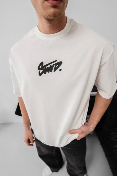 Erkek Baskılı Oversize T-shirt - Beyaz - Resim 2