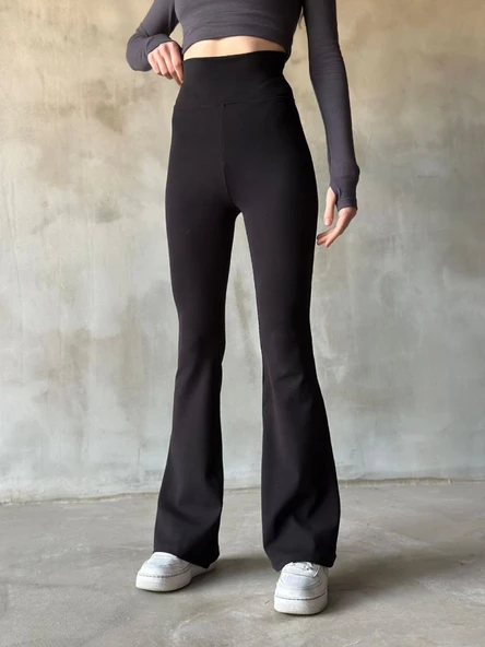 İspanyol Paça Yüksek Bel Tayt - Siyah - 2