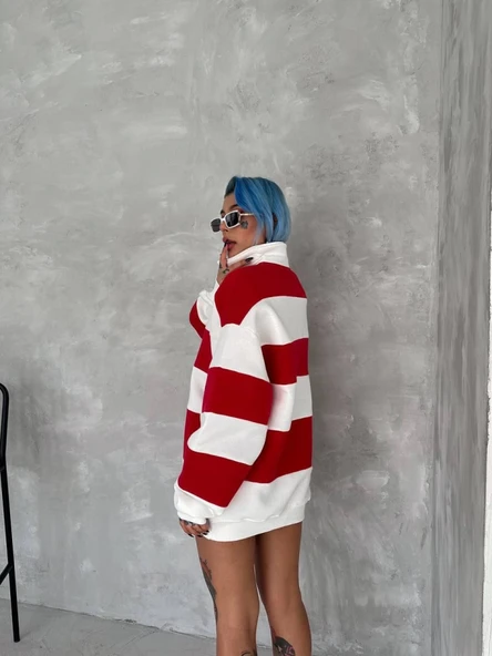 Unisex Üç İplik Parçalı Yakalı SweatShirt - Kırmızı - 2