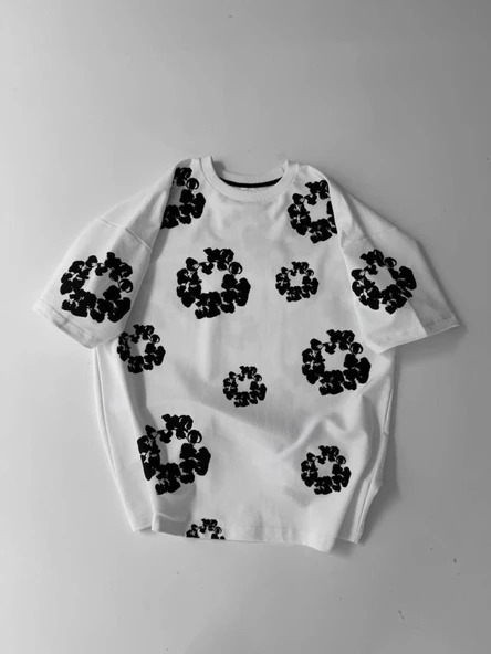 Ön Ve Arka Baskılı Oversize Bisiklet Yaka T-shirt- Beyaz ürün görseli 1