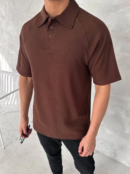 Yakalı Patlı Kısa Kol T-shirt - Kahverengi - 4