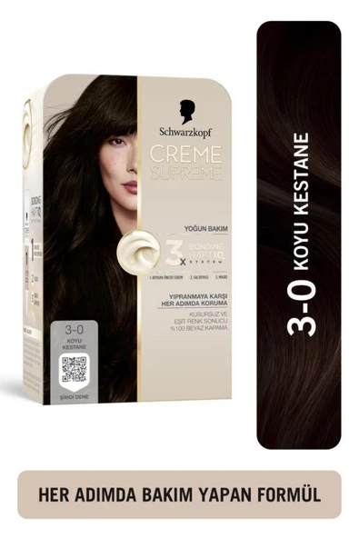 Schwarzkopf Creme Supreme Saç Boyası Full Kit 3-0 Koyu Kestane ürün görseli