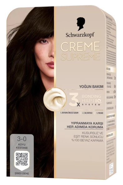 Schwarzkopf Creme Supreme Saç Boyası Full Kit 3-0 Koyu Kestane - Resim 2