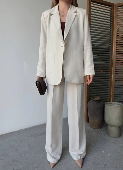 Keten Ceket Pantolon Ikili Takım - Beyaz - 3