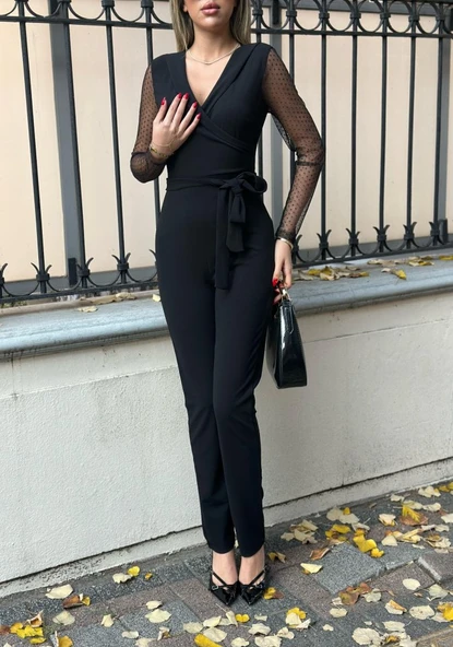 Krep Kumaş Kol Tül Puan Detaylı Kuşaklı Tulum 141 Cm - 2