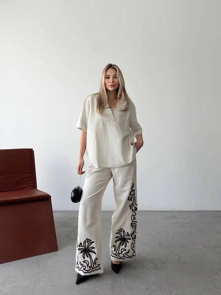 Keten Kısa Kolu  V Yaka Bluz Pantolon Ikili Takım- Beyaz ürün görseli