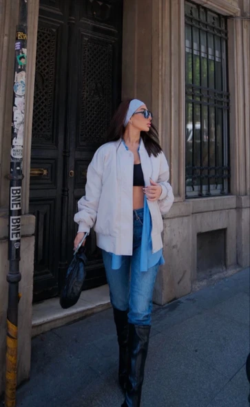 Cepli Bomber Ceket Mont - Beyaz - 4