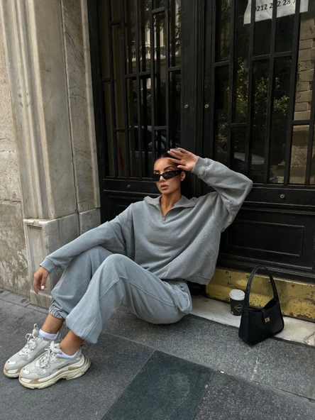 Yıkamalı Iki Iplik Kumaş  Yakalı Fermuarlı Oversize  Eşofman Takımı - Gri - 4