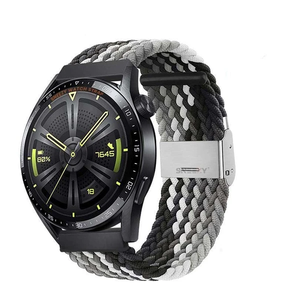 Sneezy Huawei Watch GT5 46mm İle Uyumlu 22mm Metal Klips Solo Fiberlink Örgü Kordon  Siyah Beyaz ürün görseli