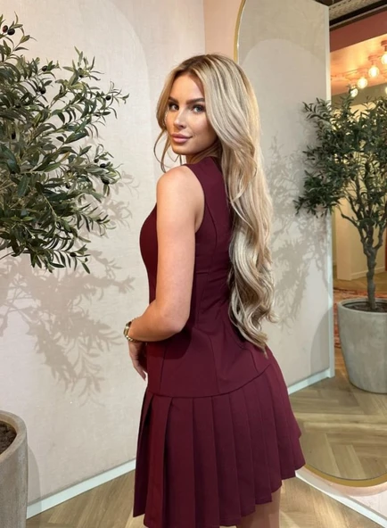 Kadın Yılbaşı özel Bisiklet Yaka Kolsuz Eteği Pileli Mini Elbise - 2