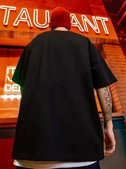 Erkek Büyük Beden Kart Baskılı Düz Renk Kısa Kollu Bisiklet Yaka Tişört Gündelik Giyim - Siyah - 2