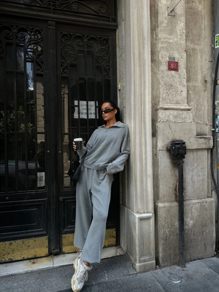 Yıkamalı Iki Iplik Kumaş Yakalı Fermuarlı Oversize Eşofman Takımı - Gri - 3