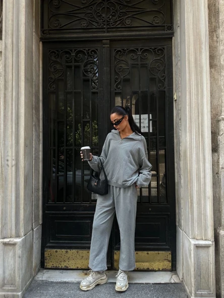 Yıkamalı Iki Iplik Kumaş  Yakalı Fermuarlı Oversize  Eşofman Takımı - Gri - 2