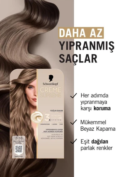 Schwarzkopf Creme Supreme Full Kit 7-16 Küllü Soğuk Kumral - Resim 3