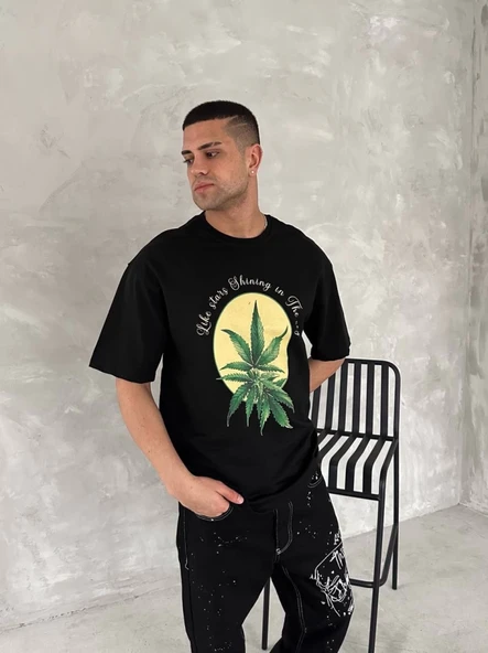 Ön Ve Arka Baskılı Oversize Bisiklet Yaka T-shirt- Siyah - Resim 2