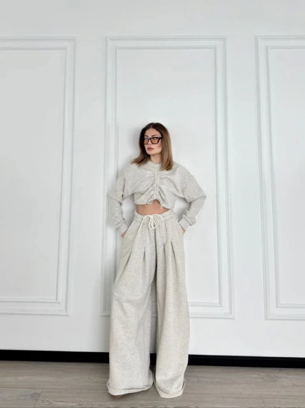 Uzun Kollu Önü İp Büzgülü  Crop Ve Pantolon İkili Takım - Gri - 4