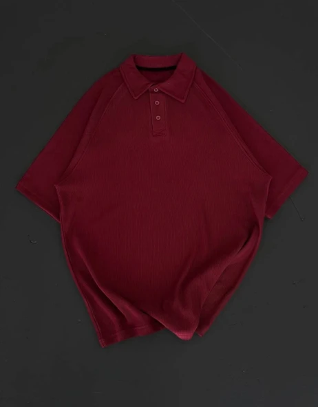 Yakalı Patlı Kısa Kol T-shirt - Bordo - Resim 2