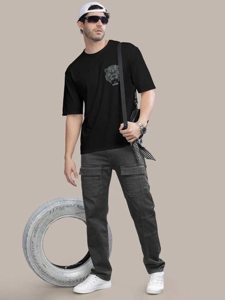 Erkek Baskılı Oversize T-shirt - Siyah - Resim 4