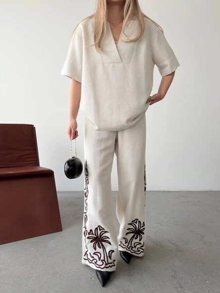 Keten Kısa Kolu  V Yaka Bluz Pantolon Ikili Takım- Beyaz - Resim 3