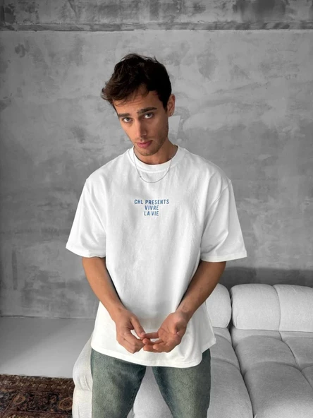 Ön Ve Arka Baskılı Oversize Bisiklet Yaka T-shirt- Beyaz ürün görseli 1