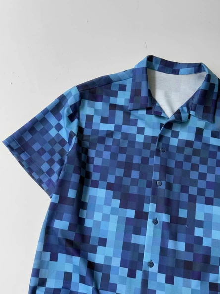 İki İplik Kumaş Baskılı Gömlek - Mavi - 3